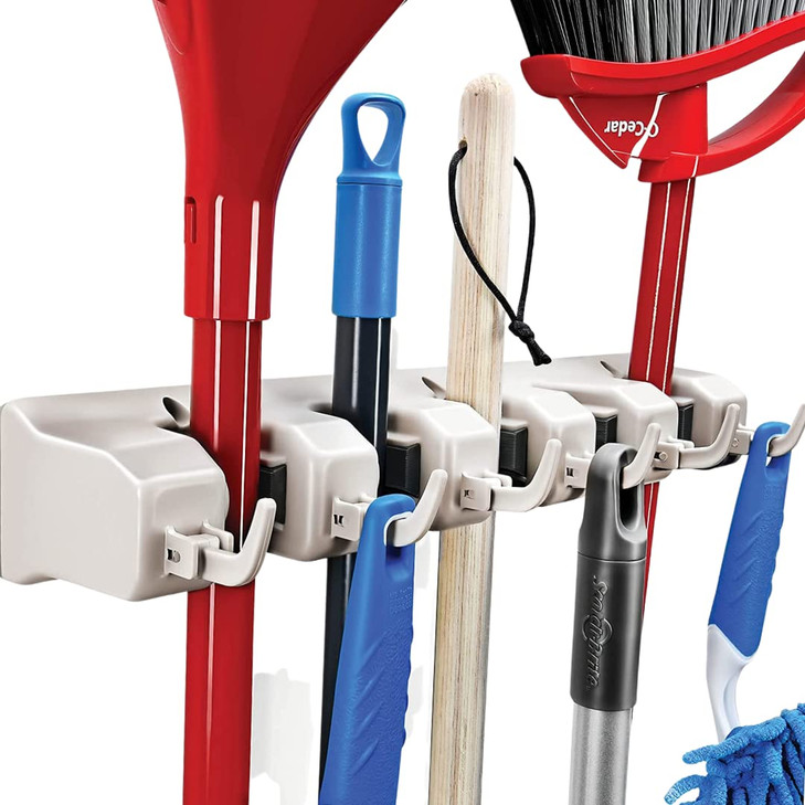 HOME IT Mop And Broom Holder Wall Mount - Garage Storage Systems with 5 Slots, 6 Hooks, 7.5lbs Capacity Per Slot - Garden Tool Organizer For Home, Ki