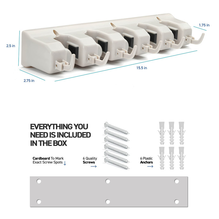 HOME IT Mop And Broom Holder Wall Mount - Garage Storage Systems with 5 Slots, 6 Hooks, 7.5lbs Capacity Per Slot - Garden Tool Organizer For Home, Ki