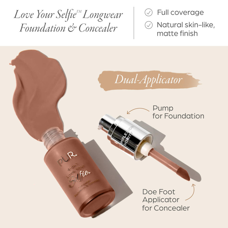 PUR MINERALS 4-in-1 Love Your Selfie Longwear Foundation & Concealer, Full Coverage Liquid Foundation, Hydrating Formula, Cruelty Free