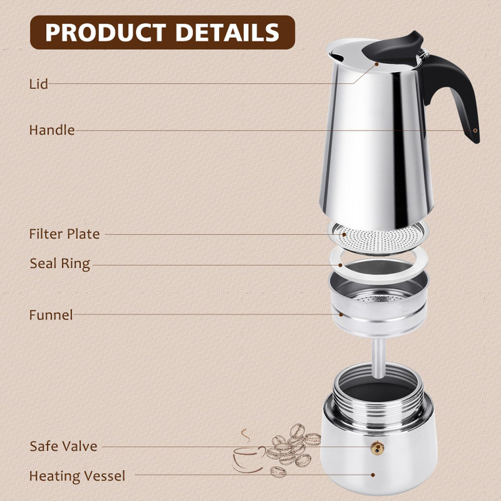 VONATES Stovetop Espresso Maker, 9 cup Moka Pot, Italian Coffee Maker Percolator, Stainless Steel Espresso Pots, 450ml/15oz(Espresso Cup=50ml/1.7oz)