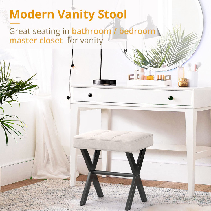 LUE BONA Ottoman Foot Stool Vanity Stool, Square Linen X-Leg Foot Rest Ottoman Makeup Stool, Small Stool Chair for Vanity, Modern Padded Vanity Seat