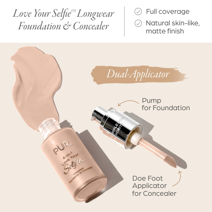 PUR MINERALS 4-in-1 Love Your Selfie Longwear Foundation and Concealer - Unique, Dual-Applicator Component - Covers Blemishes and Imperfection - Redu