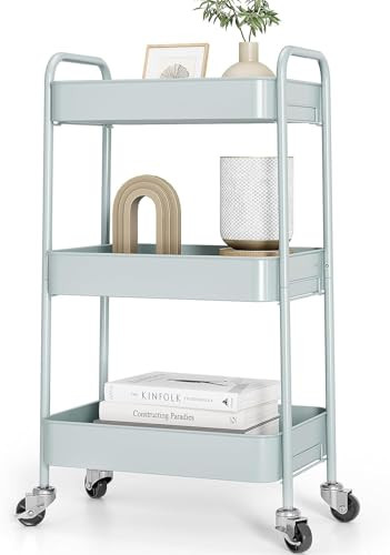 TOOLF 3-Tier Metal Rolling Cart with Wheels, Storage Utility Organizer Cart for Kitchen, Bathroom, Office, Baby Essentials & Makeup - Lockable Caster