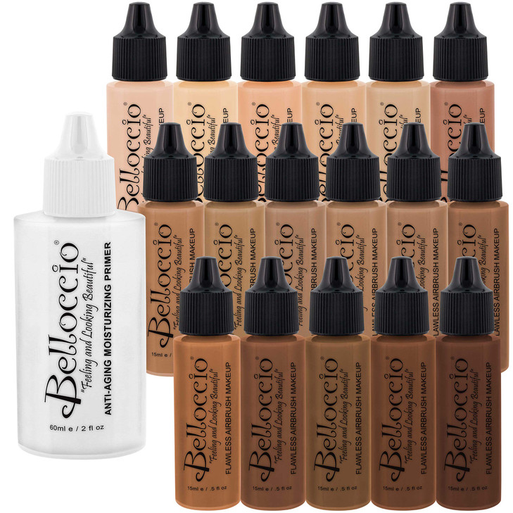 Belloccio Master Set Of All 17 Foundation Shades of Belloccio's Professional Cosmetic Airbrush Makeup, 1/2 oz. Bottles plus a 2 oz. Moisturizing Prim