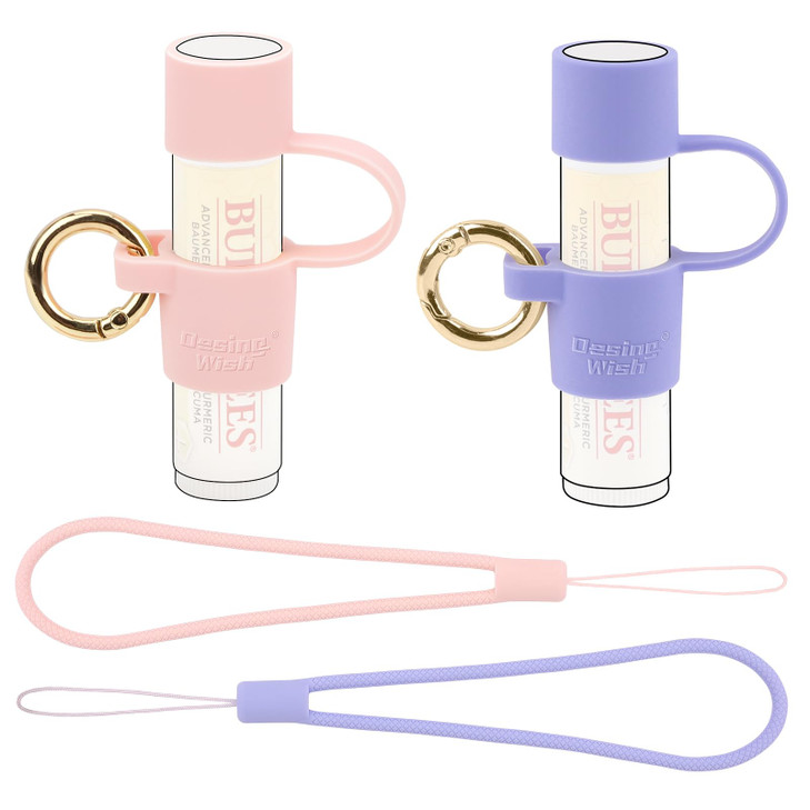Desing Wish 2 PCS Silicone Chapstick Holder with Cap Cover, 0.6'' Diameter Portable Lip Balm Holder Key Chain Sleeve Chapstick Keychain Holder with W