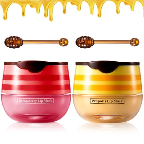 2PCS Strawberry & Honey Lip Balm, Vitamin E Moisturizing Propolis Sleeping Lip Mask, Effective Reduces Lip Lines Prevention Dry and Cracked Lip Scrub