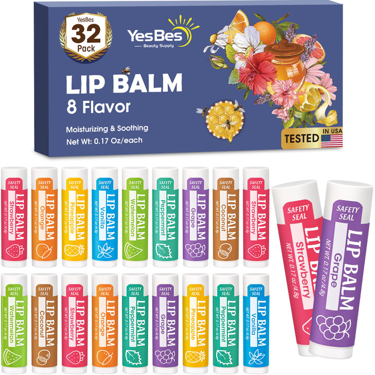 YesBes 32 Pack Lip Balm, Natural Lip Balm Bulk with Vitamin E and Coconut Oil, Moisturizing Lip Balms for Dry Cracked Lips, Lip Balms for Valentines