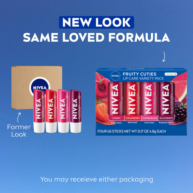 NIVEA Lip Care, Fruity Tinted Lip Balm Variety Pack, Cherry, Strawberry, Blackberry and Watermelon Flavors, 3-in-1 Moisture, Repair and Color, 0.17 O