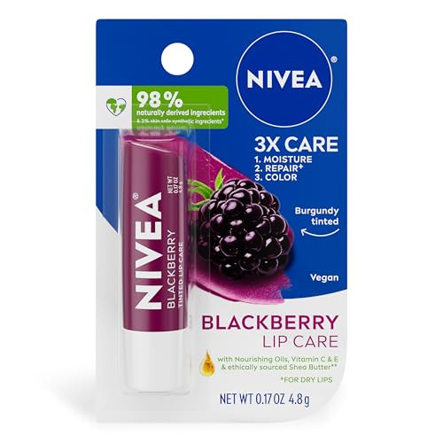 NIVEA Blackberry Lip Care, Tinted Lip Balm with Shea Butter, Nourishing Oils and Vitamin C & E, 3-in-1 Moisture, Repair (for Dry Lips) and Color, 0.1