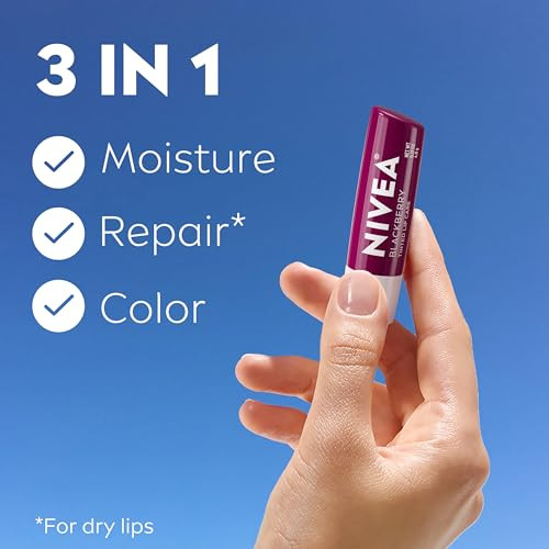 NIVEA Blackberry Lip Care, Tinted Lip Balm with Shea Butter, Nourishing Oils and Vitamin C & E, 3-in-1 Moisture, Repair (for Dry Lips) and Color, 0.1