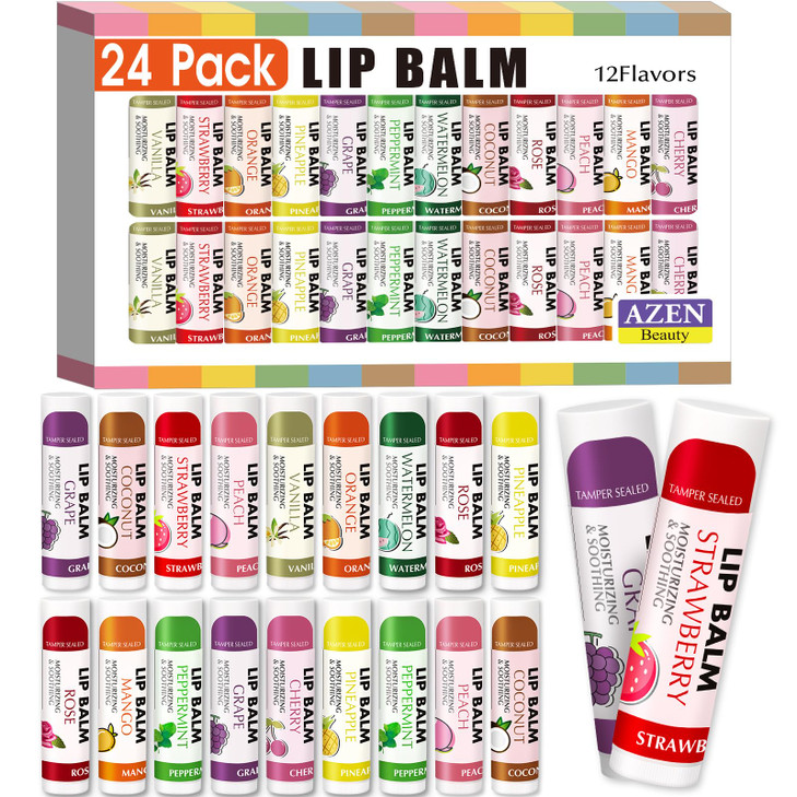 AZEN 24 Pack Lip Balm Bulk, Moisturizing Lip Balms for dry cracked lips, Valentines Gifts Easter Basket Stuffers - 12 Flavors