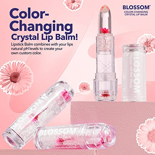 Blossom Moisturizing Scented pH Color Changing 2 pack, Strawberry Scented Crystal Lip Balm (Red), Shimmer Sparkle Lip Stain Tint (Blush), Infused wit