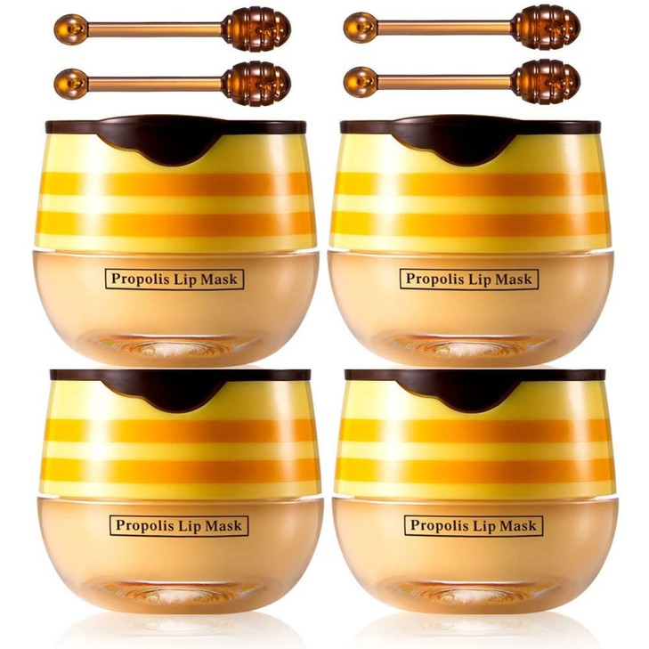 4Pcs Lip Balm Honey Pot, Propolis Moisturizing Honey Lip Mask Lip Balm, Reduces Lip Lines, Prevention Dry and Cracked Lip Scrubs Exfoliator. 