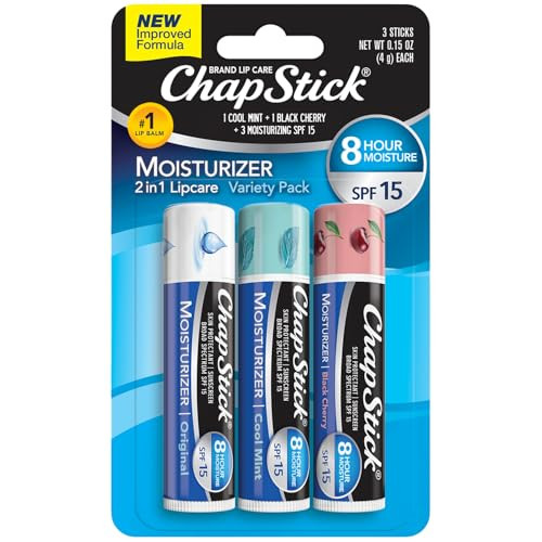 ChapStick Moisturizer 2-in-1 Lipcare SPF 15, Original, Black Cherry, Cool Mint, 3-Pack ?Sunscreen Lip Balm with Aloe Vera and Vitamin E, 0.15 Oz Ea