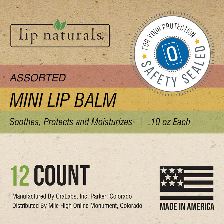 Lip Naturals® | Assorted Mini Lip Balm with Sunscreen (SPF-15) | Made in USA | 12-Count Pack with Bing Cherry, Tea Tree Mint, and Vanilla Bean Flavor