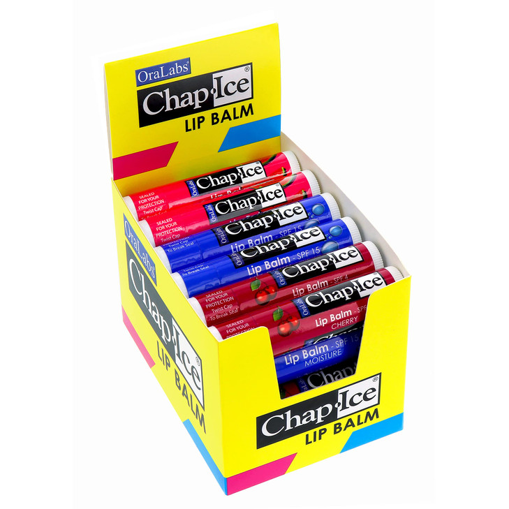 Chap-Ice® | Premium and Traditional Lip Balm for Chapped, Dry, or Windburned Lips | 3 Flavor Assorted (SPF-15) - Cherry, Moisture & Watermelon - 24 S