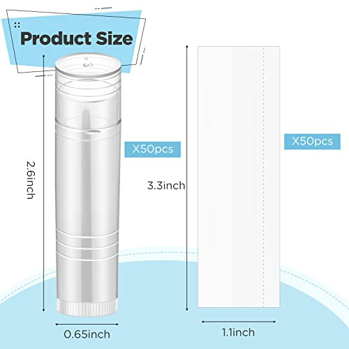 Yinkin 50 Pcs Lip Balm Containers Tubes Empty 3/16 oz Clear Lip Tubes and Shrink Wrap, Lip Gloss Tubes Lip Balm Containers with White Caps Twist Tube