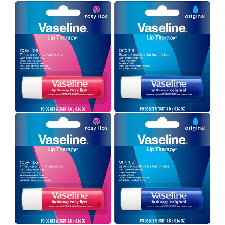 Vaseline Lip Therapy Variety 4-Pack  Original + Rosy Lips Moisturizing Lip Balm with Vitamin E, 0.16 Oz Ea