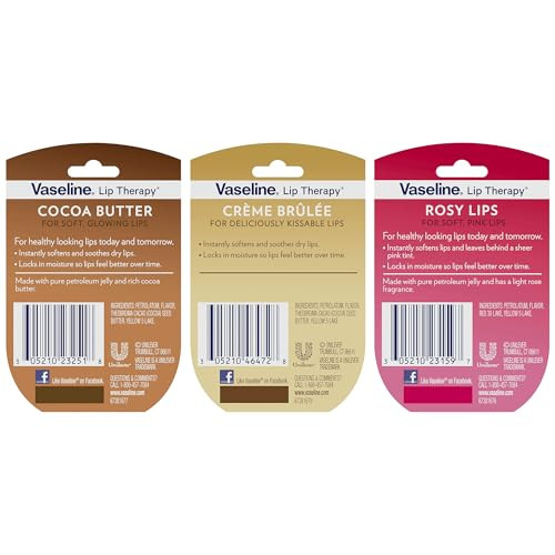 Vaseline Lip Therapy Variety 3-Pack  Crème Brûlée, Rosy Lips, Cocoa Butter Mini Lip Balms for Soft, Glowing, and Deliciously Kissable Lips, 0.25 Oz