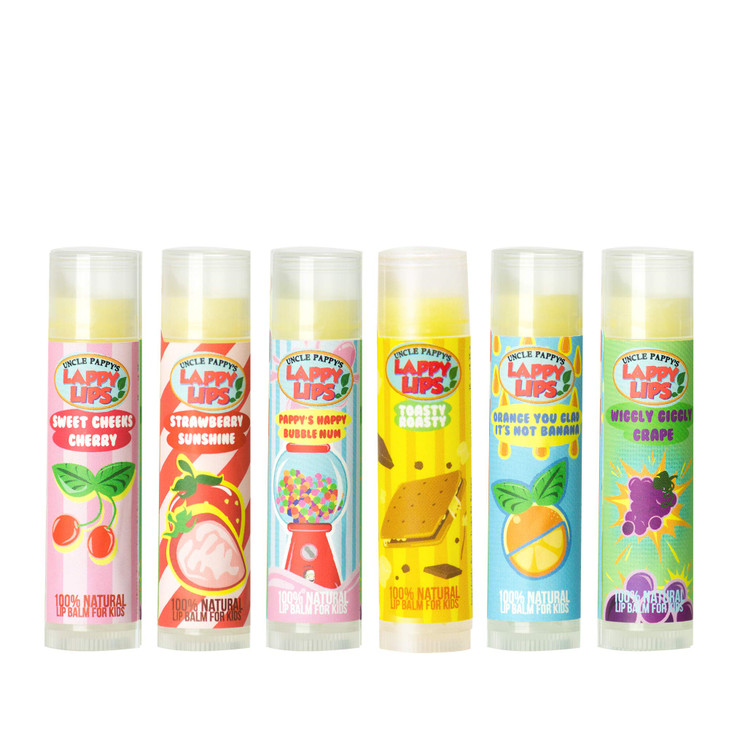 Lappy Lips Organic 100% Natural, Lip Balm Chap stick for Kids, Toddlers (6 flavors) - Organic Essential Oil - for Dry Chapped Lips to Restore and Hea