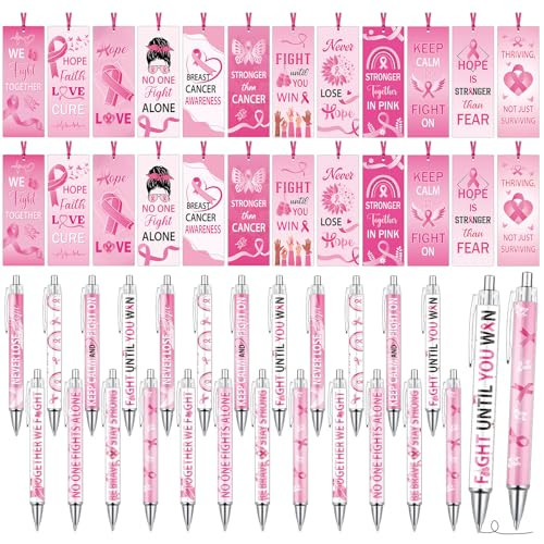 Breast Cancer Awareness Gifts Set - Wxiben 48 Pcs Pink Ribbon Ballpoint Pens with Bookmarks Hope Faith Strength Breast Cancer Survivor Gift for Women