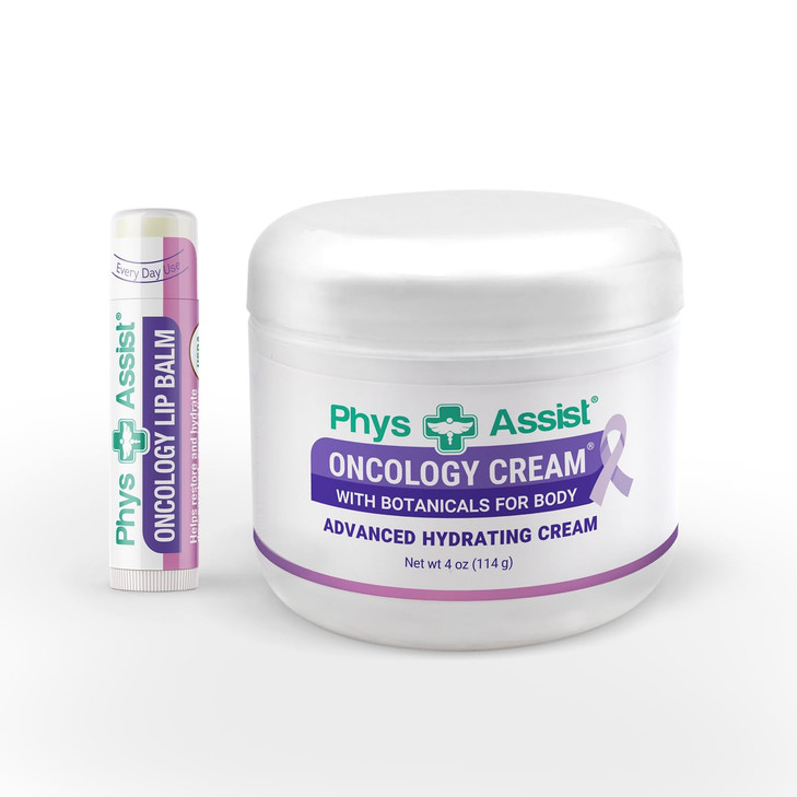 PhysAssist Oncology Cream 4 oz plus Lip Balm. Hydrates and Pampers Stressed skin. Made with a blend of natural Botanicals. Clinically Tested, Non Irr