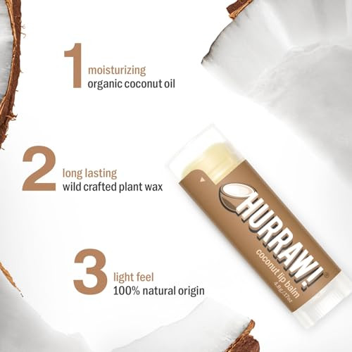 Hurraw! Coconut Lip Balm, 3 Pack: Organic, Certified Vegan, Cruelty and Gluten Free. Non-GMO, 100% Natural Ingredients. Bee, Shea, Soy and Palm Free.