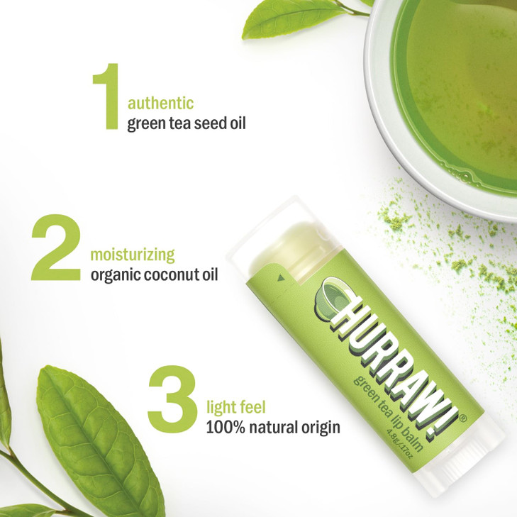Hurraw! Green Tea Lip Balm, 3 Pack: Organic, Certified Vegan, Cruelty and Gluten Free. Non-GMO, 100% Natural Ingredients. Bee, Shea, Soy and Palm Fre