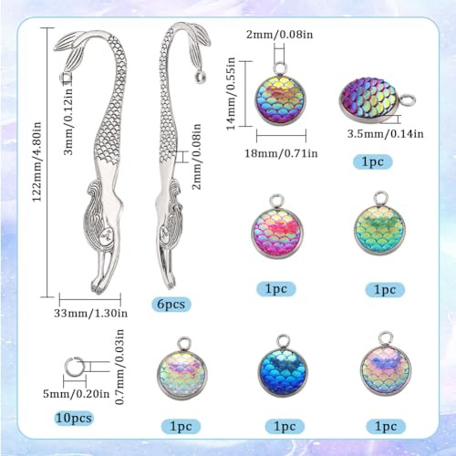 SUNNYCLUE 1 Box DIY 6 Sets Mermaid Bookmarks Making Kit Metal Bead Bookmark Metal Book Marks Alloy Bookmark Fish Scale Charms Ocean Summer Hawaii Boo