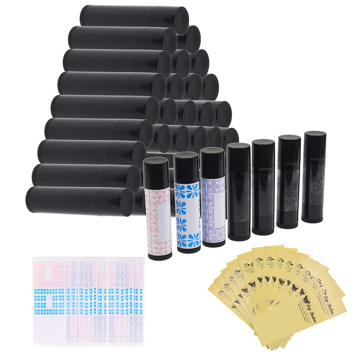 Lip Balm Container Kit - 50x Lip Balm Tubes (Black), 50x Writable Sticker (3 colors), 50x Printed Stickers (Transparent) - for DIY Lip Balm - DIY Hom