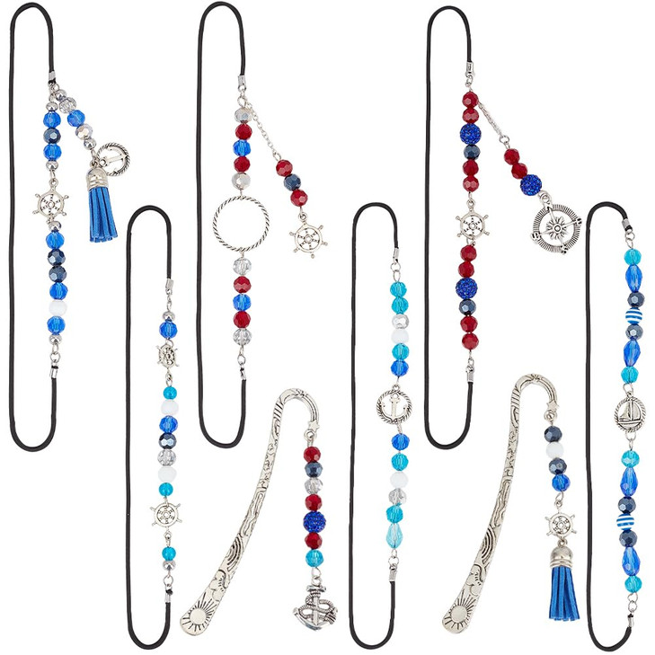 SUNNYCLUE 8Pcs 8 Styles Charm Book Marks Beading Bookmarks Silver Metal Alloy Elastic Fibre Ships Anchors Sailboats Beads Dangle Pendant Hook Book Ma