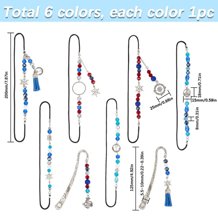 SUNNYCLUE 8Pcs 8 Styles Charm Book Marks Beading Bookmarks Silver Metal Alloy Elastic Fibre Ships Anchors Sailboats Beads Dangle Pendant Hook Book Ma