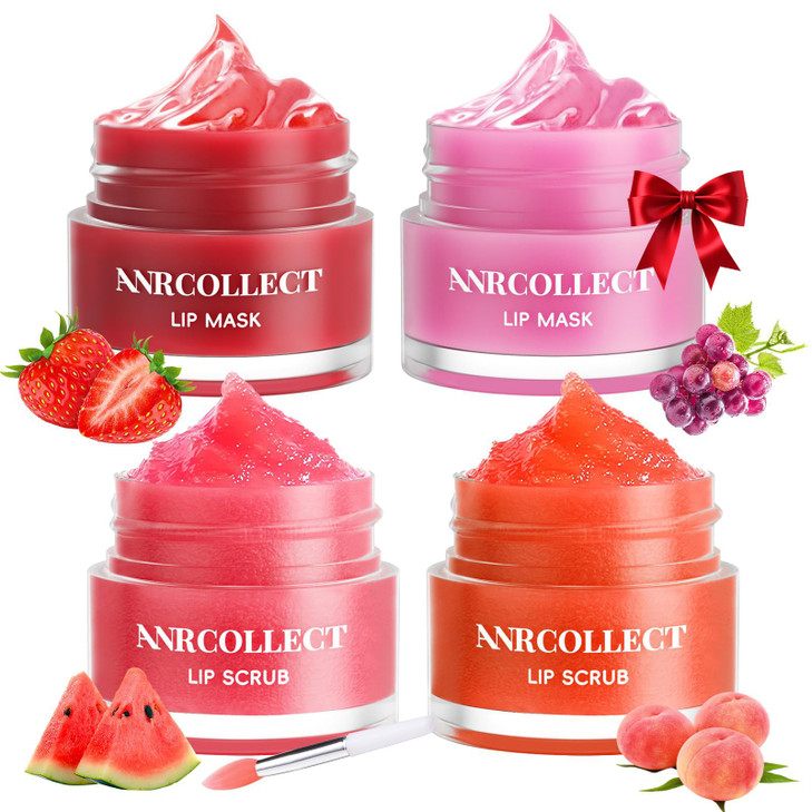 ANRCOLLECT Lip Scrub & Lip Mask - Overnight Treatment Lip Care Kits with 2 Lip Exfoliator & 2 Sleeping Lip Balm, Intense Hydration Lip Set for Dry Ch