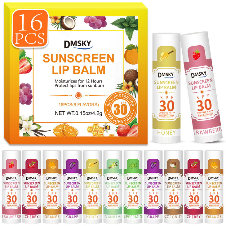DMSKY SPF 30 Lip Balm Bulk 16 Pack, Sunscreen Lip Balm Broad Spectrum UVA/UVB Protection, Travel Size Sunscreen for Lips