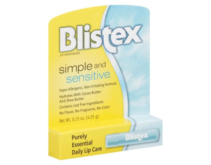 Blistex Simple and Sensitive Lip Moisturizer, Hypo-Allergenic with Cocoa & Shea Butter, No Flavor or Fragrance, 0.15 oz (Pack of 12)