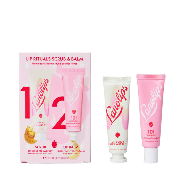 Lanolips Strawberry Lip Scrub & Lip Balm Set - Lip Rituals Lip Care Kit Infused with Pure Lanolin & Strawberry Extract - Gently Smoothes and Hydrates
