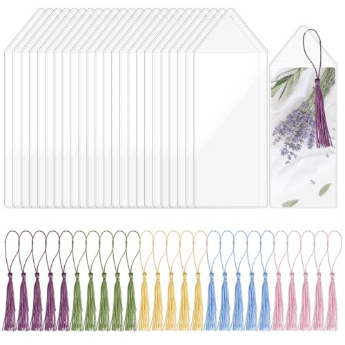25Pcs Bookmark Sleeves Clear with Tassels Plastic Blank Vinyl Photo Booth Strip Frames Holder Cover Bookmark Holder Sleeves with Hole for Students Re