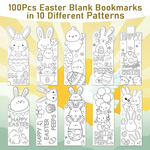 BAISDY 100Pcs Color Your Own Easter Bookmarks, Funny Bunny Peeps Bookmarks Tags for Easter Day Party Favor Gifts Student Classroom DIY Craft Supplies
