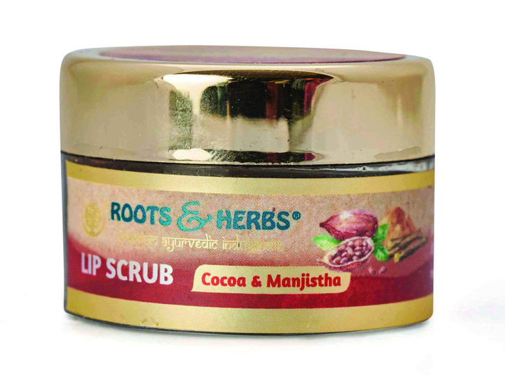 ROOTS AND HERBS Ayurvedic Cacao & Manjistha Cane Sugar Lip Scrub 100% Vegan, No-Paraben, No-SLS, No-Sulphate & Natural Treatment Exfoliator for Dark,