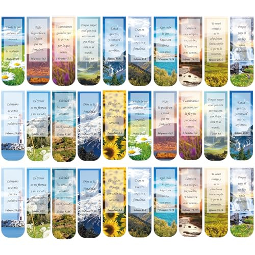 Christian Bible Magnetic Bookmarks Spanish: 30 Pcs Religious Scriptures Book Markers in Spanish, Scenery Design Book Mark Clips for Reading, Gifts fo