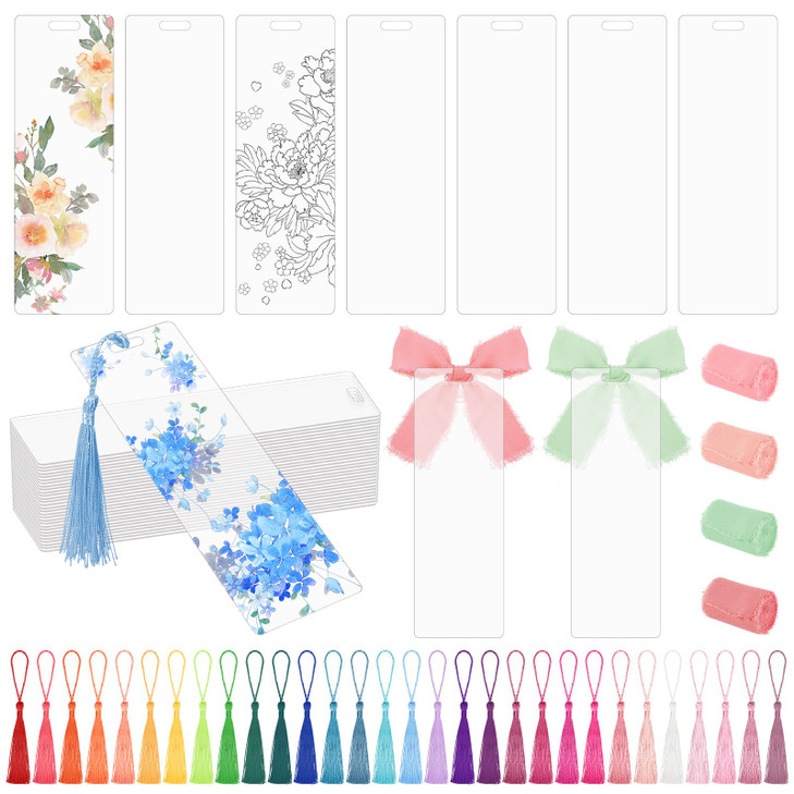 DEXLALA 100Pcs Acrylic Bookmark Blanks, Clear Acrylic Bookmarks with 30Pcs Colorful Tassel & 4 Rolls Ribbon,Transparent Rectangle Bookmarks Bulk for