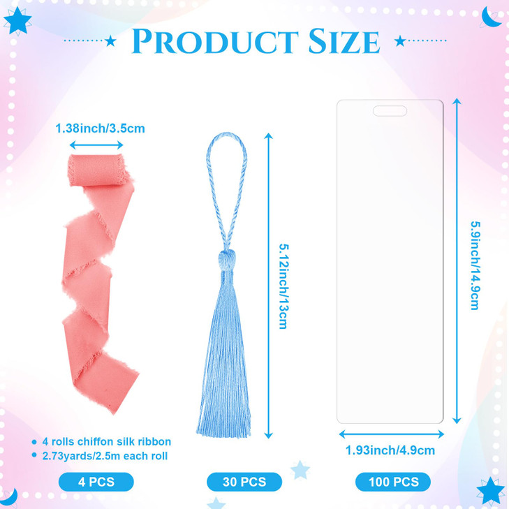 DEXLALA 100Pcs Acrylic Bookmark Blanks, Clear Acrylic Bookmarks with 30Pcs Colorful Tassel & 4 Rolls Ribbon,Transparent Rectangle Bookmarks Bulk for