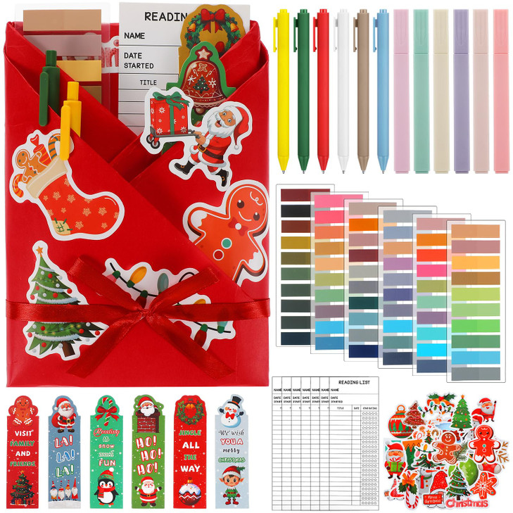 Honoson 6 Set 105 Pcs Christmas Blind Date with a Book Xmas Gift Box Supplies Including Christmas Bookmarks Stickers Tags Pens Ribbon Wrapping Papers