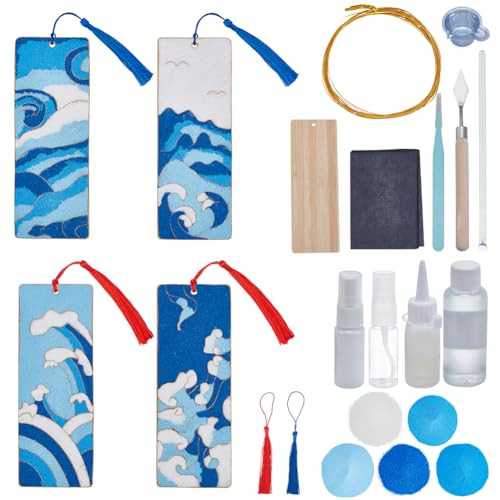 WEBEEDY 4 Sets DIY Cloisonne Enamel Bookmark Kit Wave Craft Bookmark Making Set for Adults Beginner,Blank Bookmarks with Tassels for DIY Crafts Book