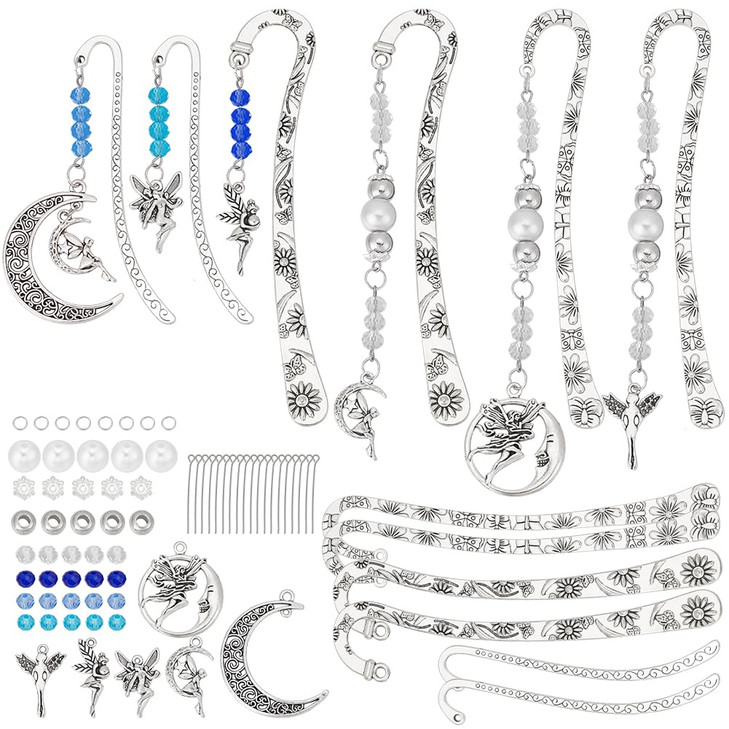 PLIGREAT 6 Sets Hook Bookmarks DIY Kits Carved Metal Bookmark Beadable Bookmark Silver Moon Fairy Charms Beaded Book Marks Gift for Book Lovers Stude