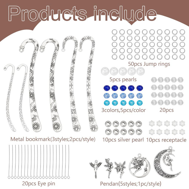 PLIGREAT 6 Sets Hook Bookmarks DIY Kits Carved Metal Bookmark Beadable Bookmark Silver Moon Fairy Charms Beaded Book Marks Gift for Book Lovers Stude