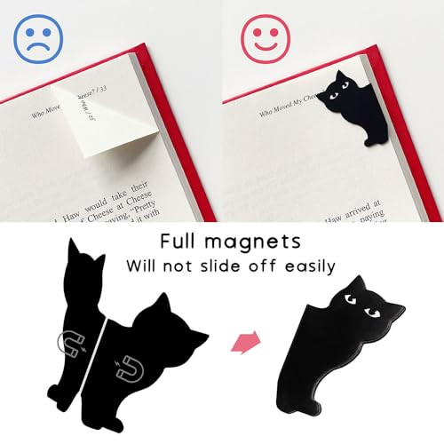 Yasest Magnetic Bookmarks - 6 Pieces Cute Black Cat Magnet Bookmark Clips for Women Teachers Students Book Lovers Reading, for School Office Home Sup