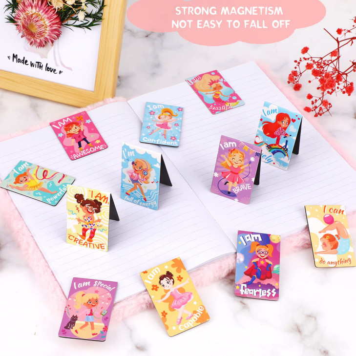 Mwoot 24 Pieces Inspirational Girls Magnetic Bookmarks, Assorted Cute Magnet Book Markers Kit, Magnetic Page Marker for Girls Book Lovers Students Gi