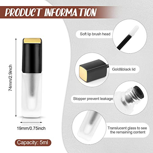 5 Pcs 5ml Frosted Glass Lip Gloss Tubes Refillable Square Lip Glaze Tube Vials Mini Lip Balm Bottle Container with Wands & Stoppers for Women Girls D