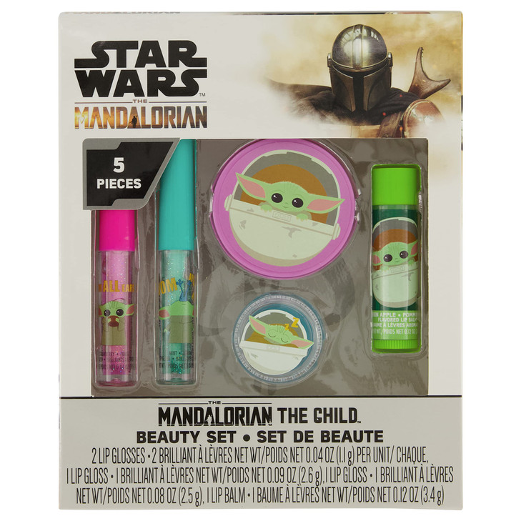 Mandalorian Baby Yoda Die Cut Lip Gloss Beauty Set  Includes 4 Flavored Lip Glosses and 1 Green Apple Flavored Lip Balm, Star Wars Themed Makeup Kit